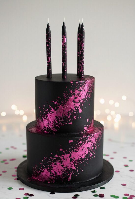 Black Beeswax Cake Candles with Pink Foil – 8 cm